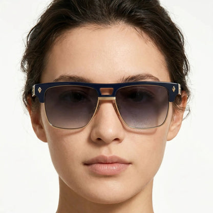 Aurelle Oversize Half-Frame Sunglasses; dark blue frame with gold accents and brown gradient lenses – Astroshadez