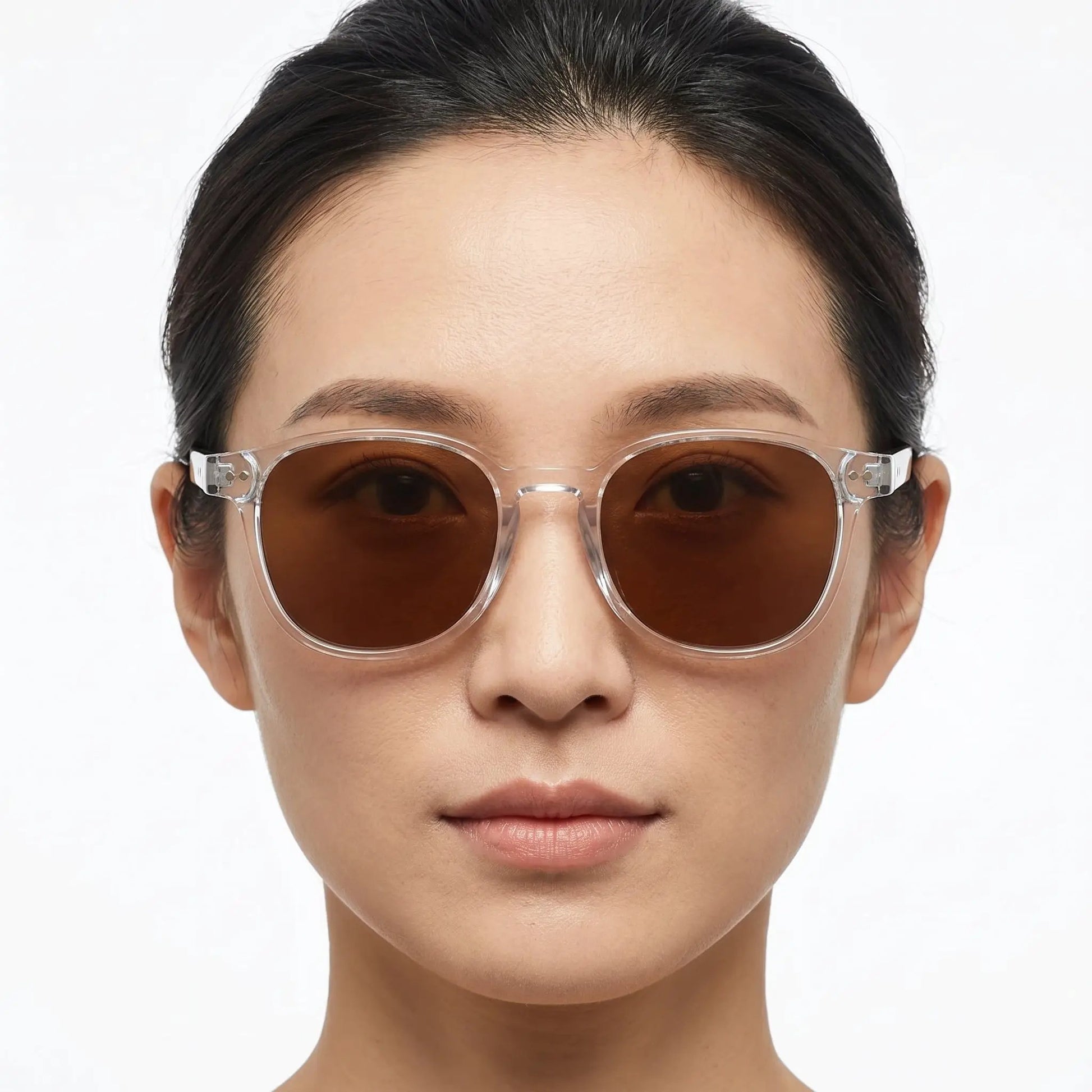 Clear round-frame sunglasses with brown lenses; transparent acetate frame, retro style – Astroshadez
