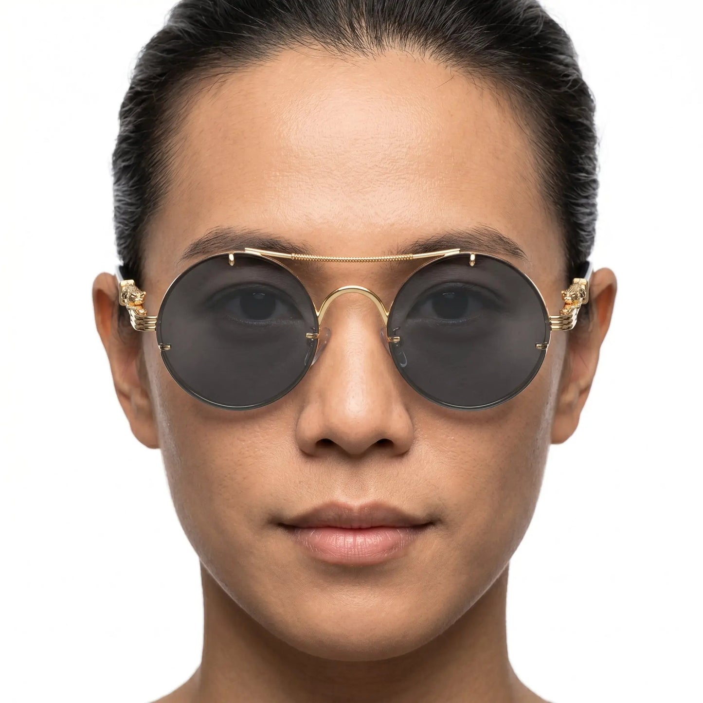 AureonLuxuria goldtone round sunglasses with dark lenses and ornate temple detailing – Astroshadez