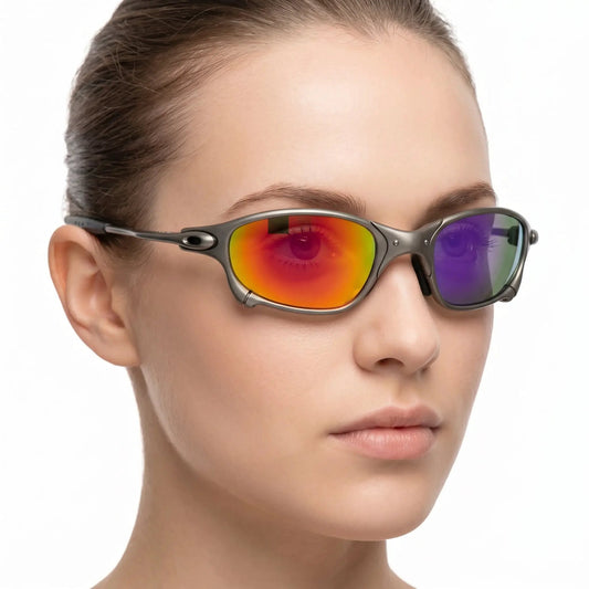 Aurelius Orange Mirror Polarized Sunglasses with gray wraparound frame and orange/purple mirrored lenses – Astroshadez