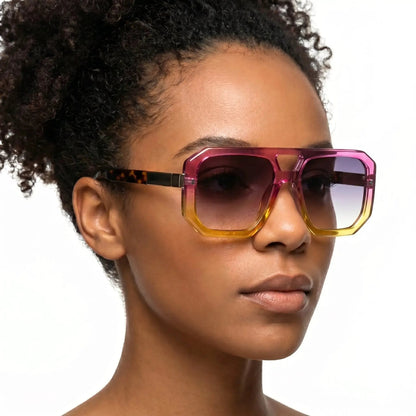 Aurelius pink gradient square sunglasses with pink frame, yellow lenses and tortoiseshell temples – Astroshadez