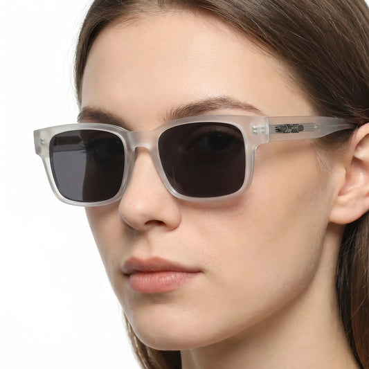 Aurelian crystal-clear polarized sunglasses; translucent rectangular gray frame with dark lenses – Astroshadez
