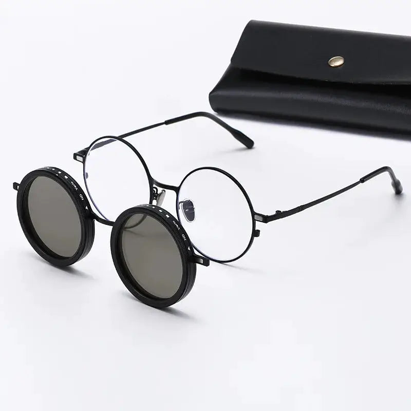 SHAUNA round black metal sunglasses with dual clip-on ND9 polarized lenses; includes case – Astroshadez
