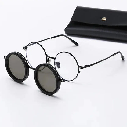 SHAUNA round black metal sunglasses with dual clip-on ND9 polarized lenses; includes case – Astroshadez