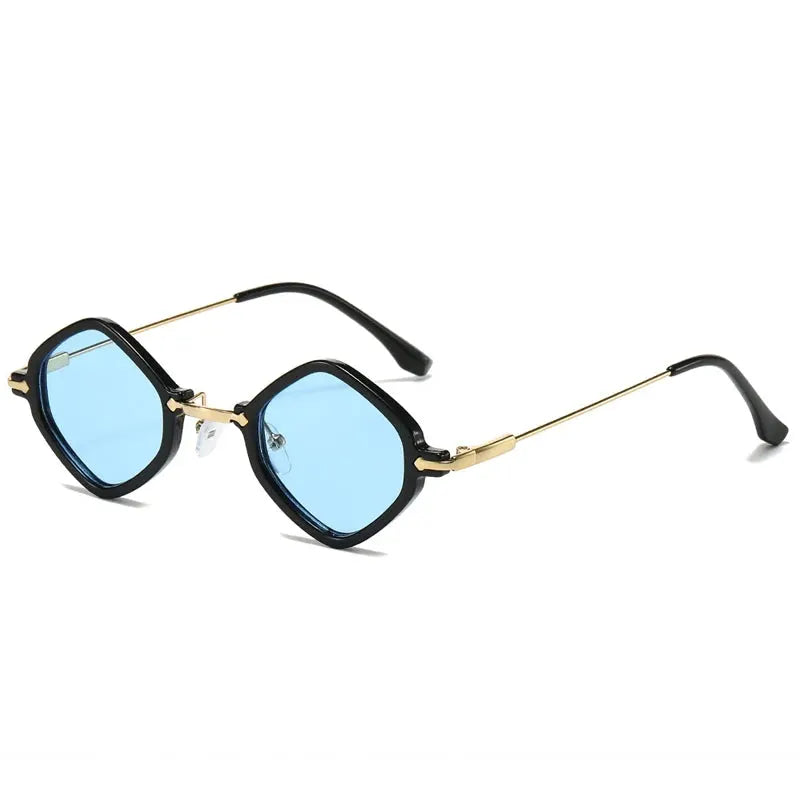 SHAUNA retro polygon square sunglasses; black frame, gold metal temples, blue ocean-gradient lenses – Astroshadez
