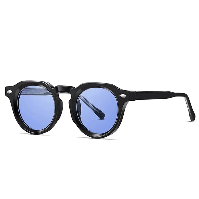 SHAUNA retro round sunglasses, black frame with blue mirrored lenses, UV400 fashion eyewear – Astroshadez