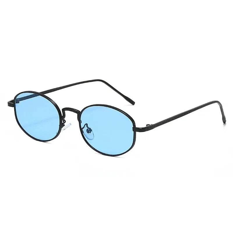 SHAUNA oval metal sunglasses with black frame and blue lenses, UV400 – Astroshadez