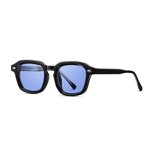 SHAUNA square-frame sunglasses in black with blue mirrored lenses and retro rivet accents – Astroshadez