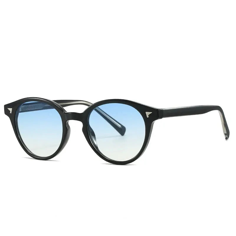Round black acetate sunglasses with blue-green gradient lenses and rivet accents – Astroshadez