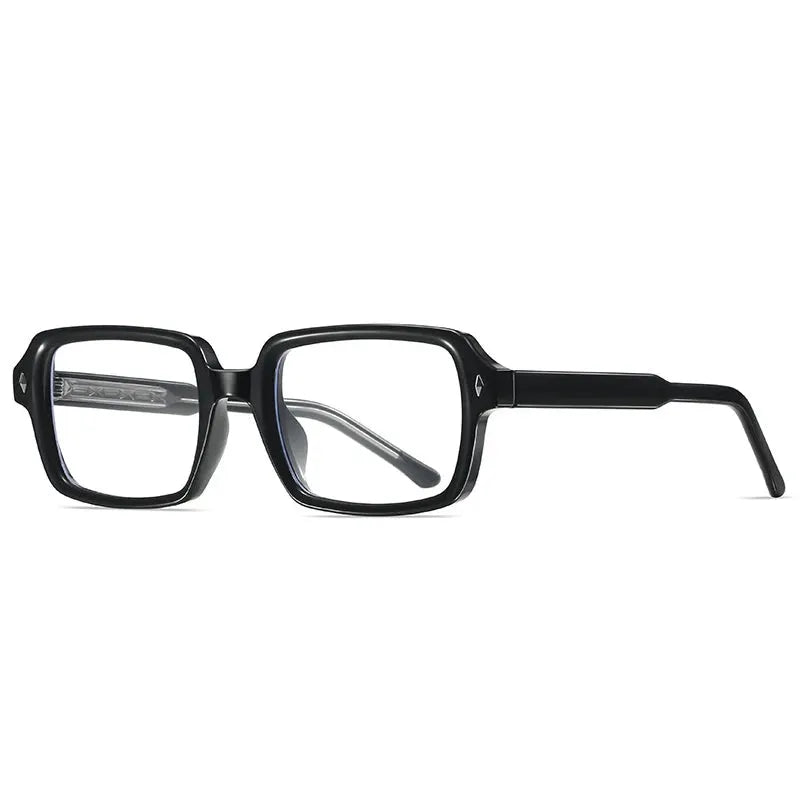 SHAUNA square-frame sunglasses, black glossy frame with retro rivets, clear gradient UV400 lenses – Astroshadez