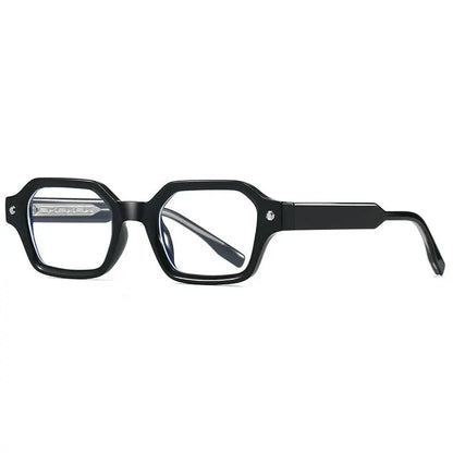 SHAUNA small polygon-square sunglasses, black frame, clear gradient lenses, rivet accents – Astroshadez