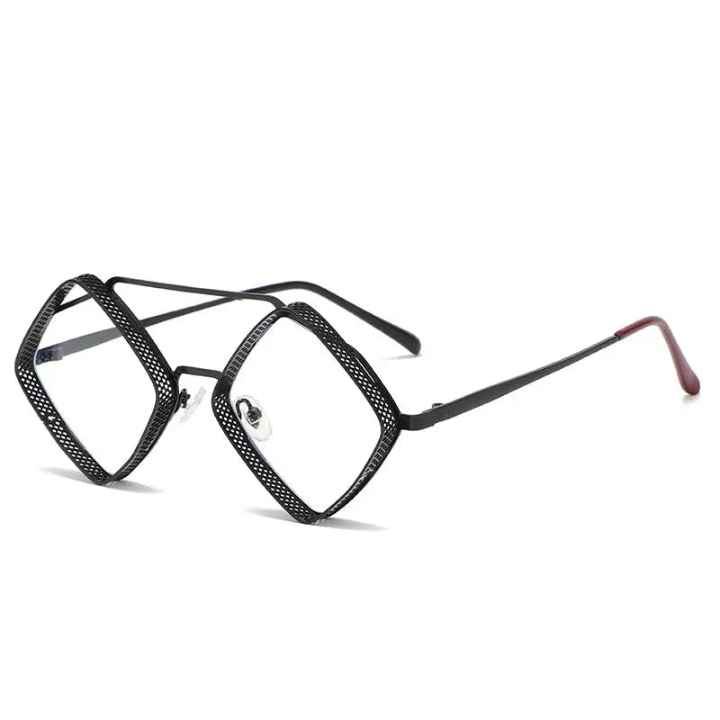 SHAUNA retro steampunk sunglasses; metal hollow square frames, gradient mirror lenses, black frames with burgundy temple tips – Astroshadez