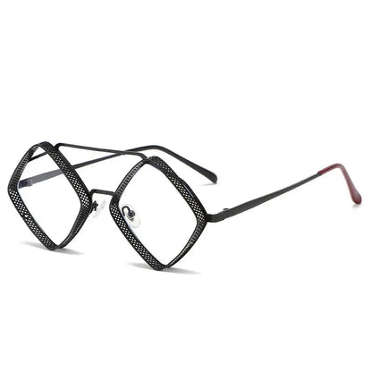 SHAUNA retro steampunk sunglasses; metal hollow square frames, gradient mirror lenses, black frames with burgundy temple tips – Astroshadez