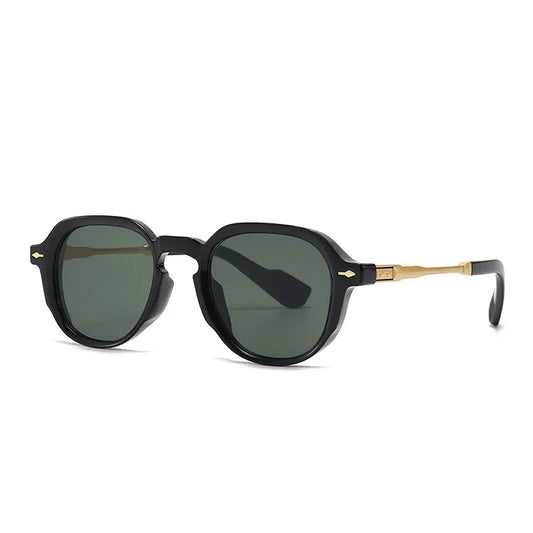 SHAUNA retro oval sunglasses with black frames, gold-tone temples and green gradient lenses – Astroshadez