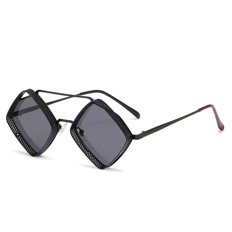 SHAUNA Retro Steampunk Sunglasses: black metal hollow square frame, gradient mirror lenses, UV400 – Astroshadez