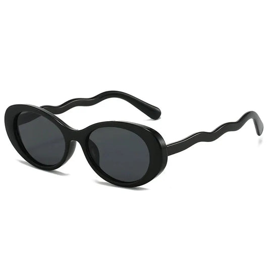 Oval black-frame sunglasses with dark gray lenses and wavy temple arms – Astroshadez