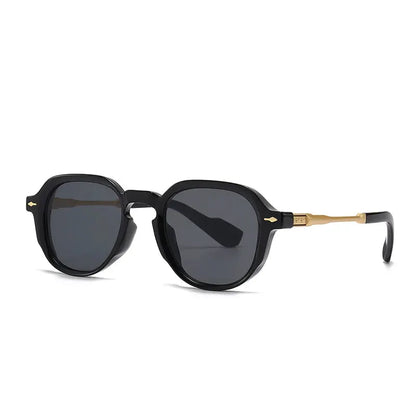 SHAUNA retro oval sunglasses, black frames with gold-tone rivet temples and dark gradient lenses – Astroshadez