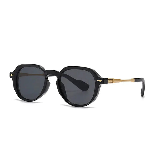SHAUNA retro oval sunglasses, black frames with gold-tone rivet temples and dark gradient lenses – Astroshadez