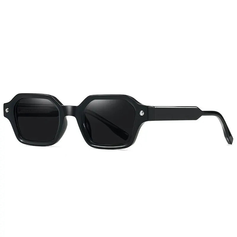 SHAUNA polygon square sunglasses with black frame and dark lenses; rivet accents on front corners – Astroshadez