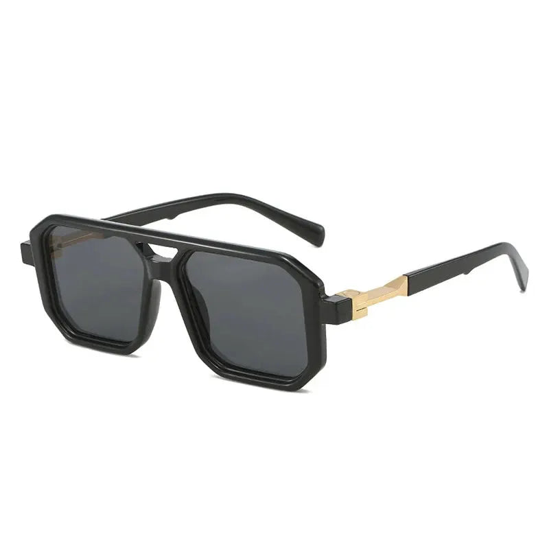 SHAUNA square sunglasses with double-bridge, black frame, gradient lenses, gold temple accents – Astroshadez