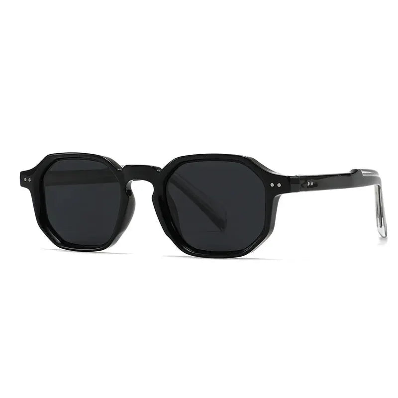 SHAUNA polygon square sunglasses, black frame with dark lenses, retro rivet detail – Astroshadez