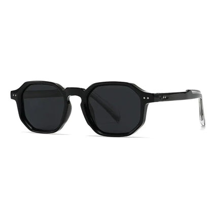 SHAUNA polygon square sunglasses, black frame with dark lenses, retro rivet detail – Astroshadez