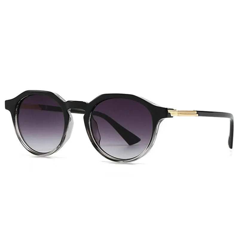SHAUNA round sunglasses with black frame, silver rim, purple gradient lenses, gold temple accents – Astroshadez