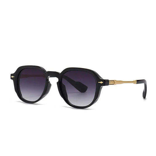 SHAUNA Retro Oval Sunglasses, black frame with gold rivet accents, gradient UV400 lenses – Astroshadez