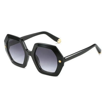 SHAUNA vintage polygon square sunglasses, black glossy frame with gold rivet accents, gradient gray lenses – Astroshadez