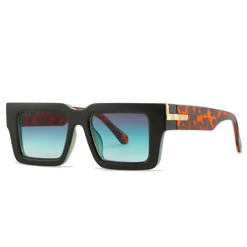SHAUNA retro square sunglasses, black frame with leopard tortoiseshell temples, gradient blue lenses – Astroshadez