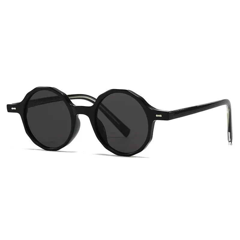 SHAUNA polygon-round sunglasses, black frame with dark gray lenses and retro rivet detail – Astroshadez