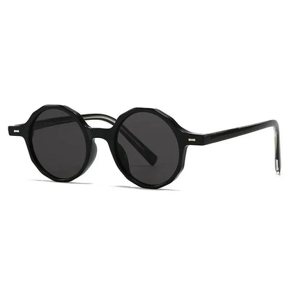 SHAUNA polygon-round sunglasses, black frame with dark gray lenses and retro rivet detail – Astroshadez