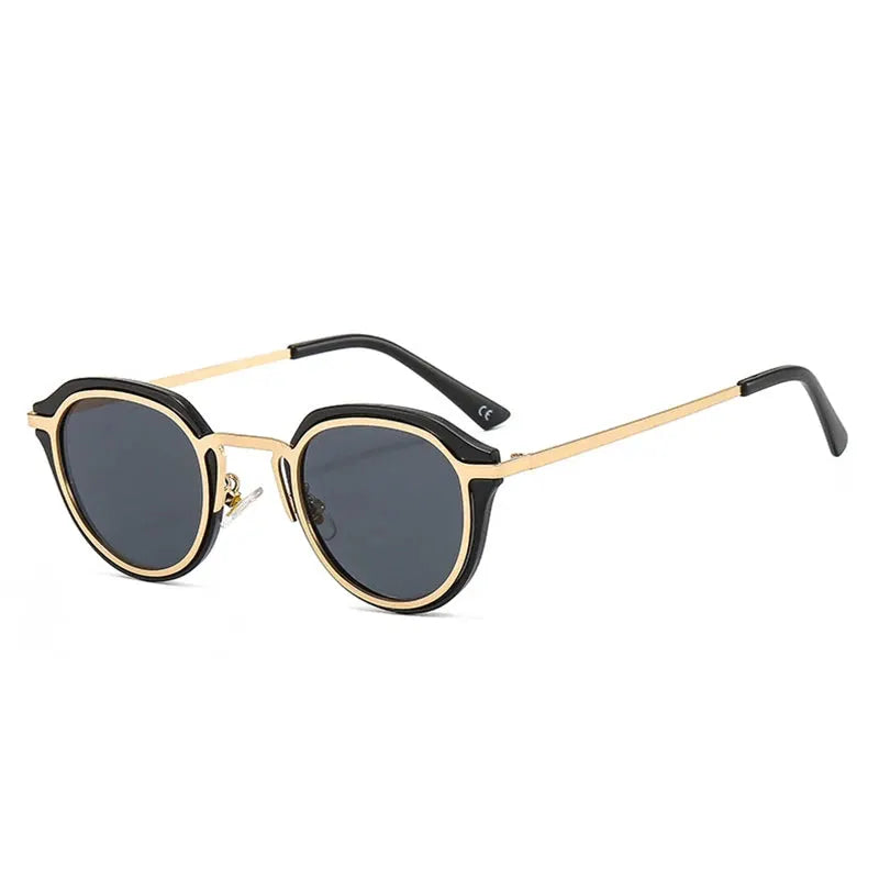 Women’s oval sunglasses with gold metal frame, black accents, dark gray lenses – Astroshadez