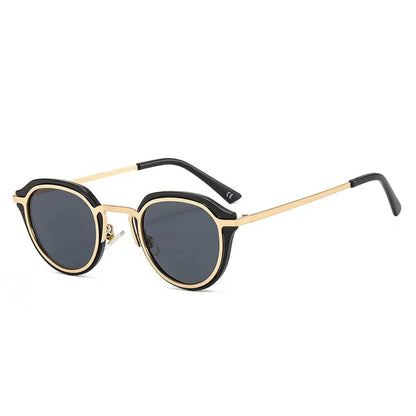 Women’s oval sunglasses with gold metal frame, black accents, dark gray lenses – Astroshadez