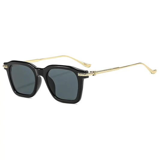 SHAUNA Retro Square Sunglasses in black frame with gold-tone temples and dark grey lenses – Astroshadez