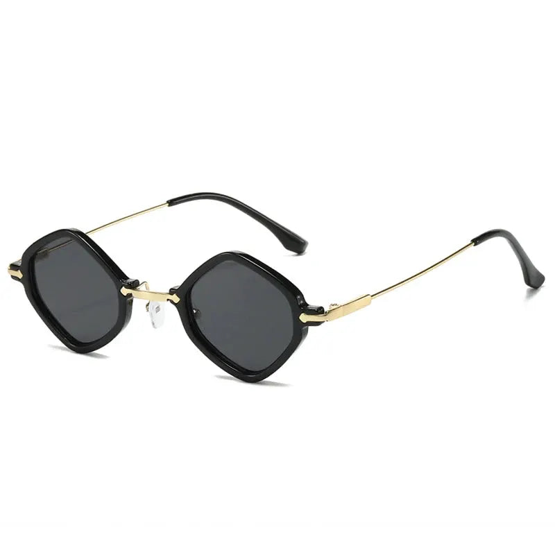 SHAUNA retro polygon square sunglasses; black frame with gold accents, dark grey lenses, vintage style– Astroshadez