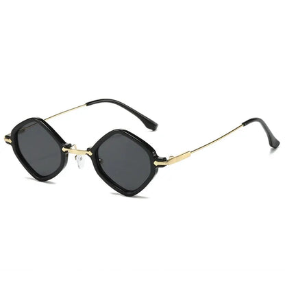 SHAUNA retro polygon square sunglasses; black frame with gold accents, dark grey lenses, vintage style– Astroshadez