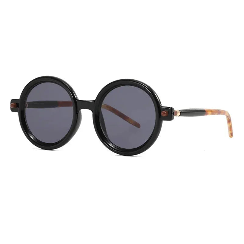 Round black frame sunglasses with dark gray lenses and tortoiseshell temple tips – Astroshadez