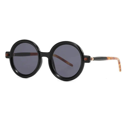 Round black frame sunglasses with dark gray lenses and tortoiseshell temple tips – Astroshadez