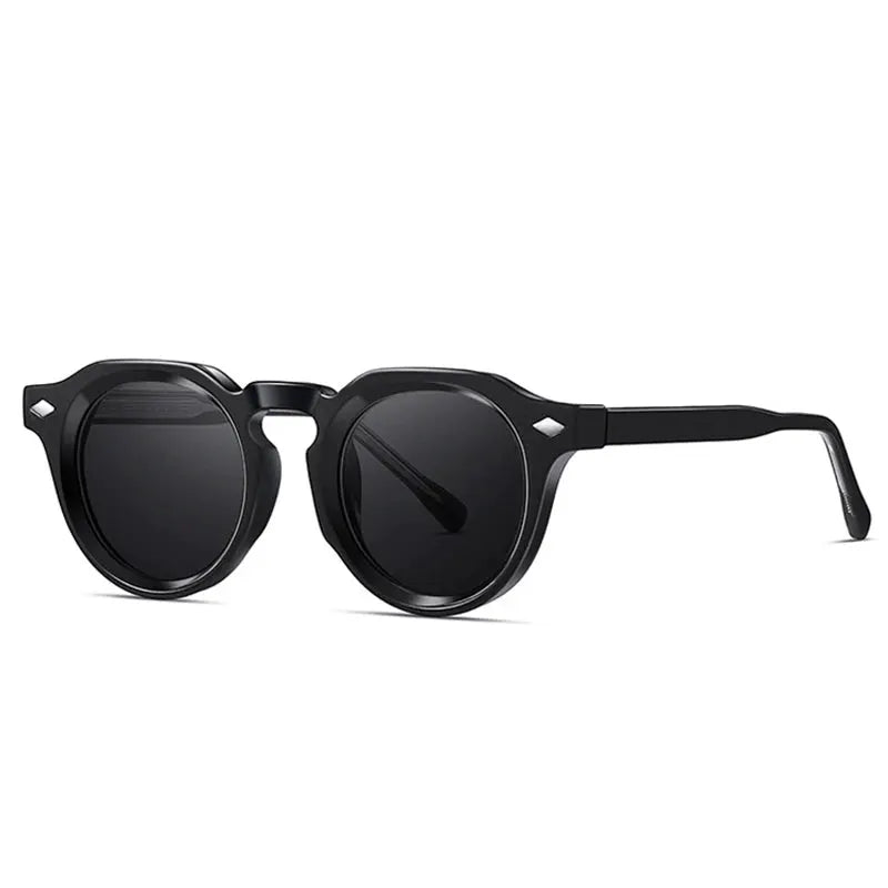 SHAUNA retro round sunglasses in black frame with dark lenses and rivet accents – Astroshadez