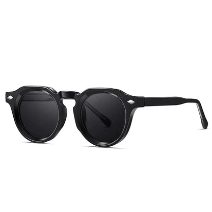 SHAUNA retro round sunglasses in black frame with dark lenses and rivet accents – Astroshadez