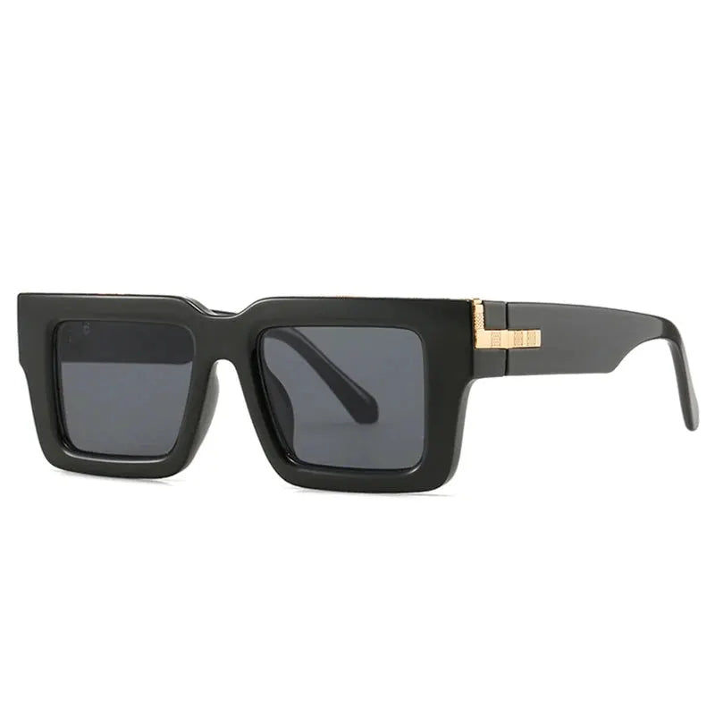 SHAUNA Retro Square Sunglasses, black frame, dark gray lenses, gold temple accent – Astroshadez