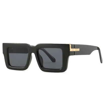 SHAUNA Retro Square Sunglasses, black frame, dark gray lenses, gold temple accent – Astroshadez