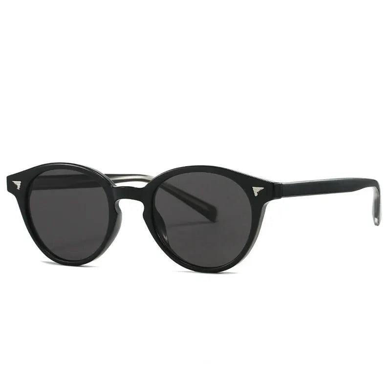 Round sunglasses with black frame and dark gray lenses, rivet accents, UV400 – Astroshadez