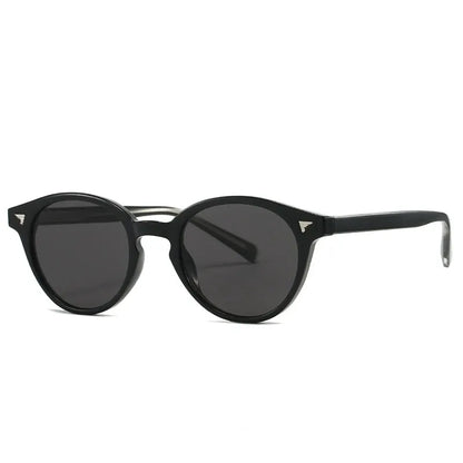 Round sunglasses with black frame and dark gray lenses, rivet accents, UV400 – Astroshadez