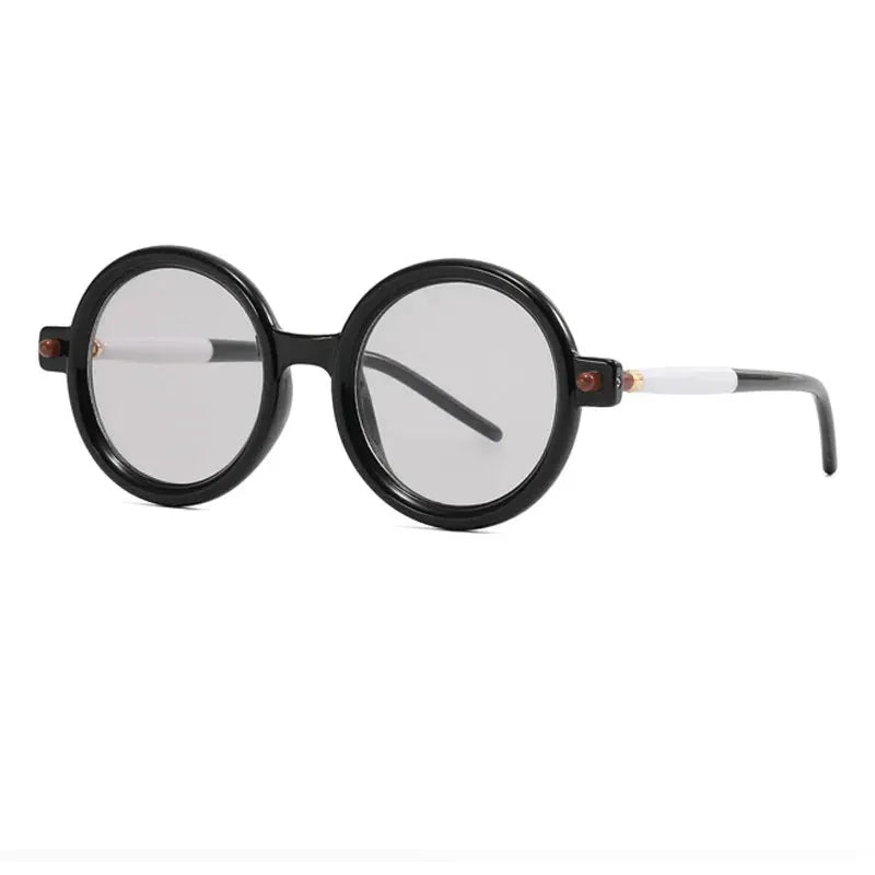 SHAUNA round sunglasses, black frame, grey lenses, white temples, retro style – Astroshadez