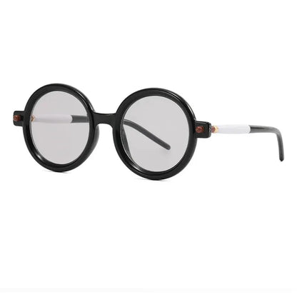 SHAUNA round sunglasses, black frame, grey lenses, white temples, retro style – Astroshadez