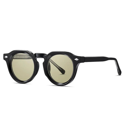 SHAUNA retro round sunglasses; black frame, gold-tinted lenses, rivet accents – retro punk style – Astroshadez