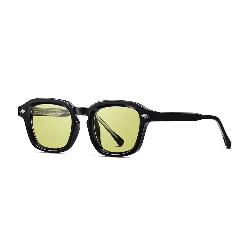 SHAUNA square-frame black sunglasses with yellow-green lenses and rivet accents– Astroshadez