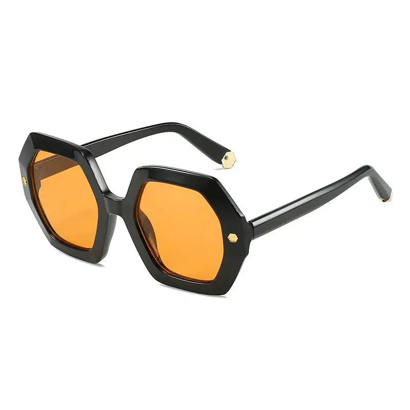 SHAUNA vintage polygon square sunglasses, black frame with orange gradient UV400 lenses and gold rivets – Astroshadez